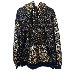 IMP Black Gold Splatter Abstract Graphic Hoodie‎ XL Streetwear Pullover Shiny